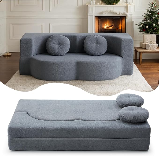 76 Convertible Folding Futon Sofa Bed Queen Sleeper Sofa with Pillow Teddy Fabric Floor &amp Futon Loveseat Couch Foam Folding Mattress Sleeper for Living Room Guest Use OfficeApartment (Grey)