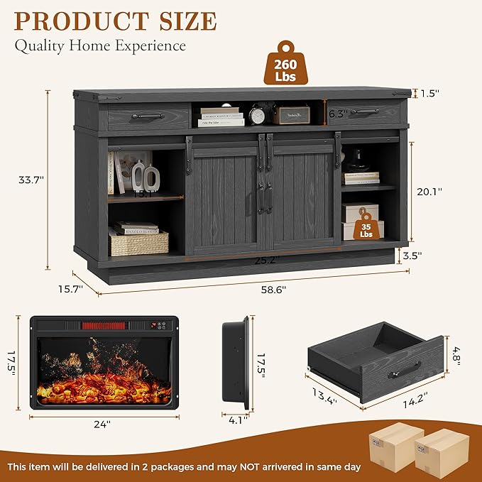 Fireplace TV Stand for TVs up to 65 Electric Fireplace with 3D Flame Farmhouse LED Light Entertainment Center TV Console with with 2 Drawers Sliding Barn Door for Living Room - Black
