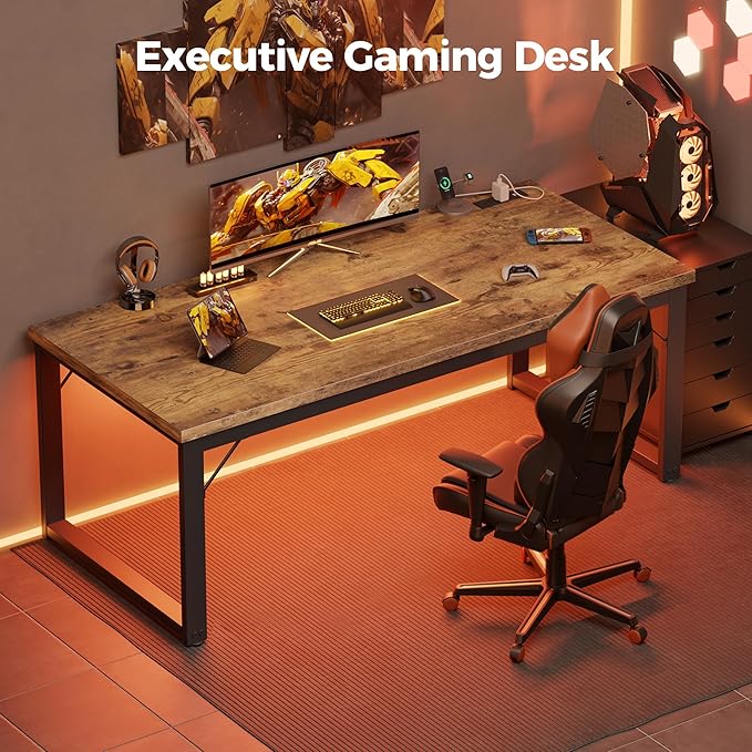 Mericonia 48 Inch Computer Desk with Power Outlets 1.2 Thick Heavy Duty Industrial Office Desk Modern Simple Study Writing Table for Home Bedroom Workstation Brown