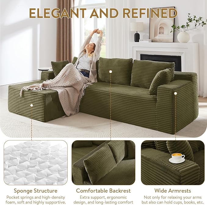 Cloud Sectional Couch with L-Shape Chaise105 Modern Minimalist Modular Sectional Sofa Fluffy Corduroy Upholstered Couches for Living Room No Assembly Required (Green Left Facing Chaise)