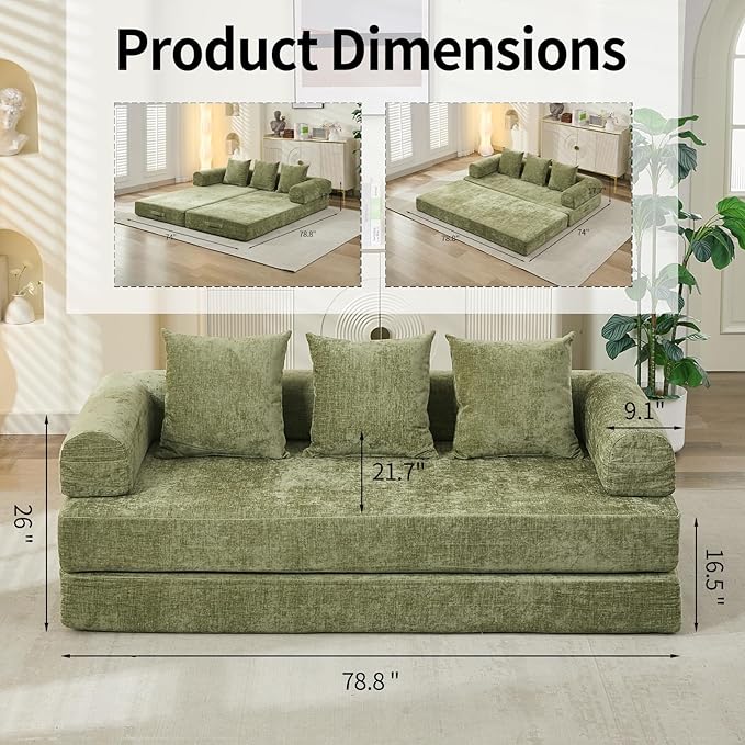 Convertible Sofa Bed 4-in-1 Floor Foldable Couch Bed with Armrests &amp Pillow Chenille Fabric No Assembly Required Comfy Memory Foam Couch Lounge Sofa for Living Room Green