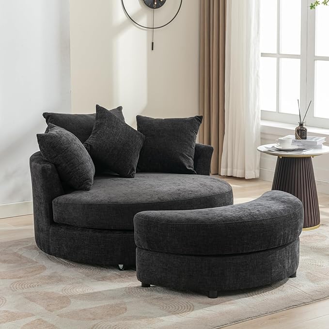 Yoglad Oversized Round Swivel Accent Chair - Modern 360 Degree Barrel Chairs with Storage Ottoman for Living Room Bedroom(Chenille- Gray)