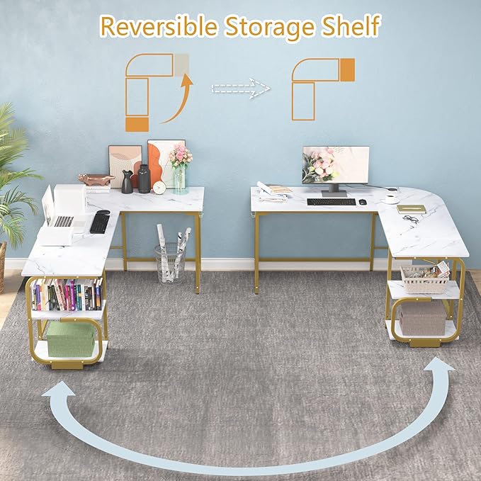 L Shaped Computer Desk with G Shaped Shelves for Home Office Corner Computer Desk for Small Space White Marble and Gold Frame