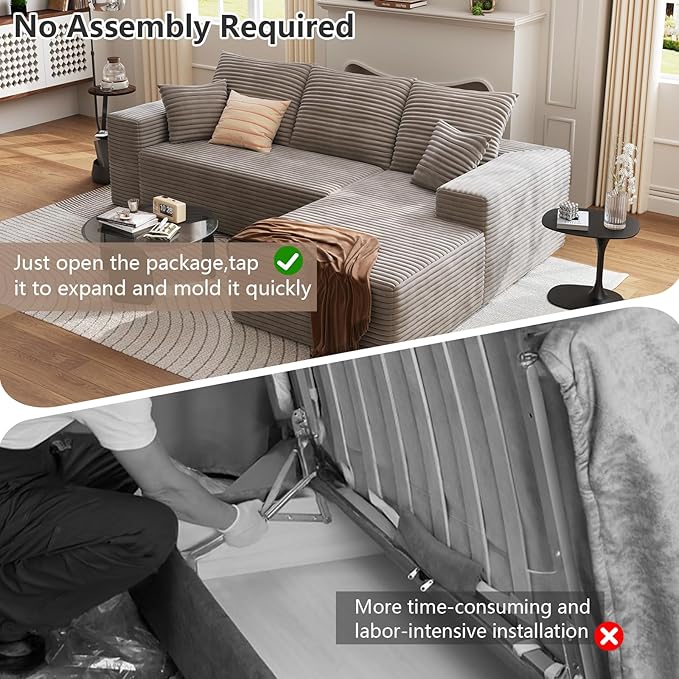 95 Cloud Sectional Couch with L-Shape Chaise Modern Corduroy Boneless Deep Seat Sofa 3-Seater Modular Sleeper Couch for Living Room Bedroom Apartment No Assembly (Camel Right-Facing Chaise)