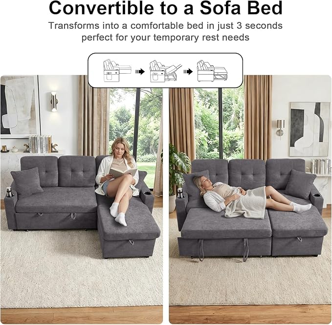 82 L Shaped Sleeper Sofa Bed: Sectional Sleeper Couch with Pull Out Bed Storage Chaise USB Charging &amp Cup Holder 3 Seat Sectional Sofa Bed with Throw Pillow (Terry Cloth - Grey)