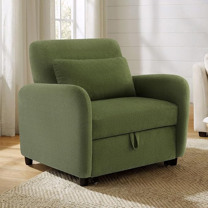 CHITA Sleeper Chair 3-in-1 Pull Out Convertible Single Sofa Bed with Adjustable Backrest Chenille Chaise Lounge Chair for Living Room Bedroom &amp Apartment Moss
