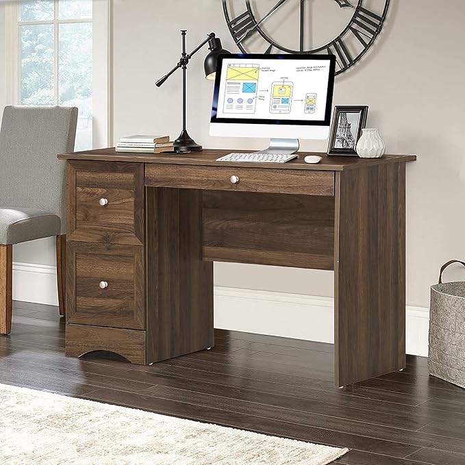 Compact Computer Desk Wooden Home Office Workstation with 3 Drawers Brown Modern Contemporary Rectangular