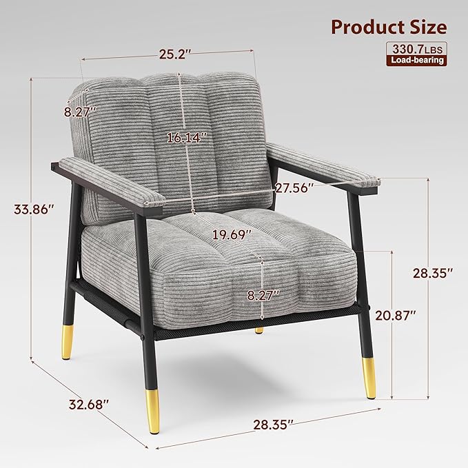 Accent Chair Mid-CenturyMetal FrameArmchairUpholstered Reading Chair for BedroomLiving RoomOfficeGuest RoomGrey