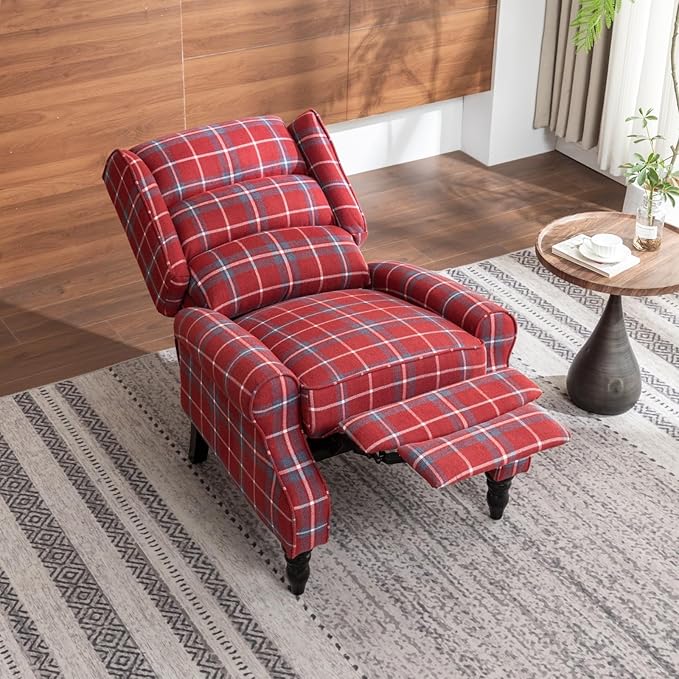 Upholstered Wingback Recliner Chair Plaid Recliner Chair Armchair Adjustable Footrest Push Back Reclining Sofa Mid-Century Modern Lounge Armchair for Living Room Bedroom Reading - Red