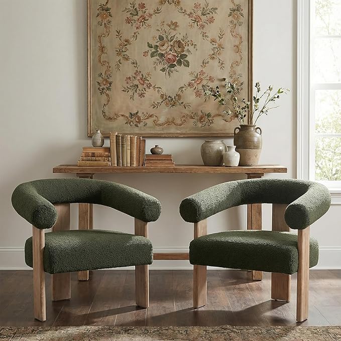 VKNOW Accent Chair Living Room Chairs Set of 2 Modern Upholstered Arm Chair with Solid Wood Legs Comfy Barrel Accent Chairs for Living Room Bedroom Green
