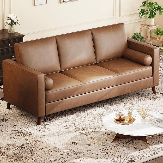 GAOMON 81 Leather Couch for Living Room Mid Century Modern 3-Seater Sofa with Deep Seat Faux Leather Sofa for Apartment Home Office Brown