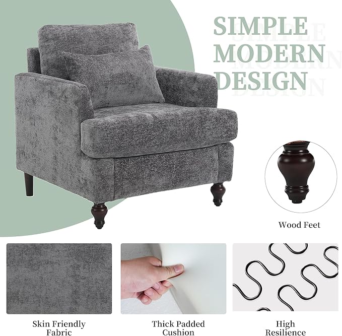 Modern Accent Chair Living Room Upholstered Chenille Armchair with Waist Pillow Single Sofa for Living Room Bedroom Office Grey