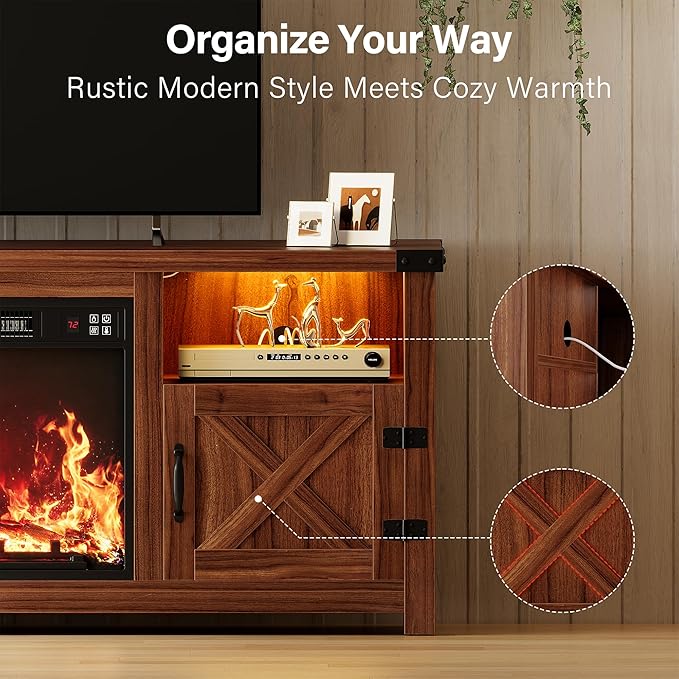 YESHOMY LED Fireplace TV Stand with Mood Lighting TV Cabinet with Open Shelf Farmhouse Media Console with Hidden Cable Routing Entertainment Center for Televisions up to 65+ Inch Walnut