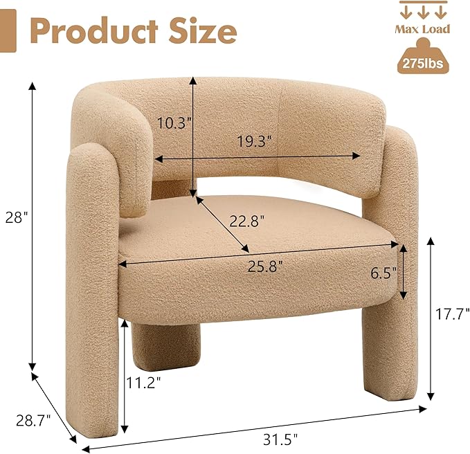 Accent Chairs Set of 2 Modern Sherpa Barrel Chairs Upholstered Living Room Chairs with 3 Legs Comfy Armchair Reading Side Chair for Bedroom Office Apartment Khaki