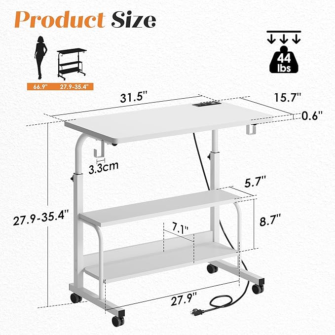 soges Height Adjustable Desk with Charging Station Mobile Computer Workstation with 2 Storage Shelves Small Rolling Desk on Wheels for Home Office White