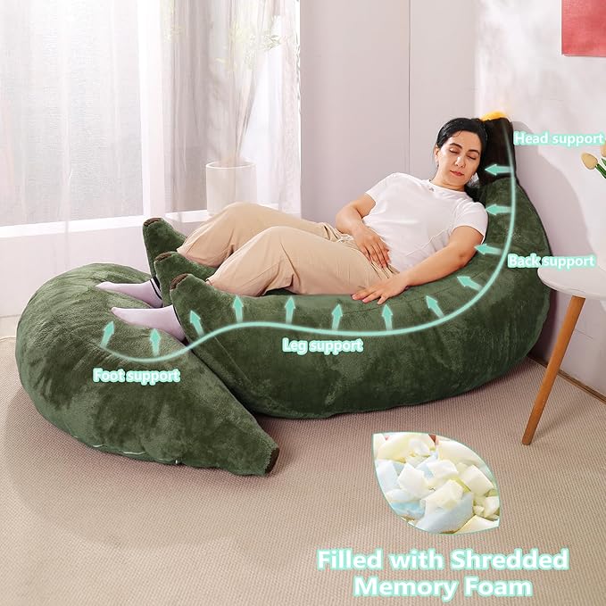 Banana Bean Bag Chair with Ottoman Floor Sofa Bed with Footrest Comfy Convertible Lounger for Adults Plush Couch for Bedroom Living Room or Dorm L-DarkGreen