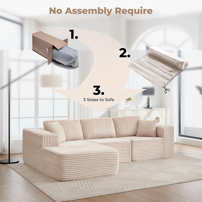Boneless L-Shaped Modular Sectional Sofa 107 Modern Corduroy Upholstery Couch with Chaise for Living Room 3-Seater L Cloud Couches with Deep Seat No Assembly Left Facing Chaise Beige