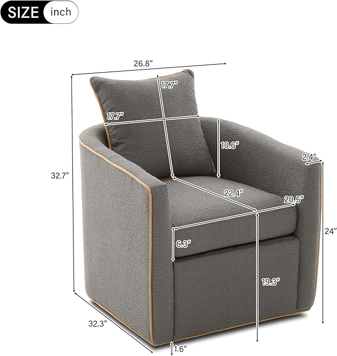 Christopher Knight Home Arlo 360° Swivel Accent Chair for Living Room Bouclé Upholstered Rotating Lounge Chair Indoor Barrel Swivel Chair with Iron Frame Curved Armrest and Padded Seat Light Grey