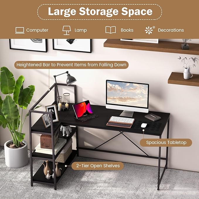 COSTWAY 59 Inch L-Shaped Computer Desk Large Reversible Corner Desk with Open Storage Shelves Space-Saving Writing Study Table PC Laptop Gaming Desk for Home Office (Black)
