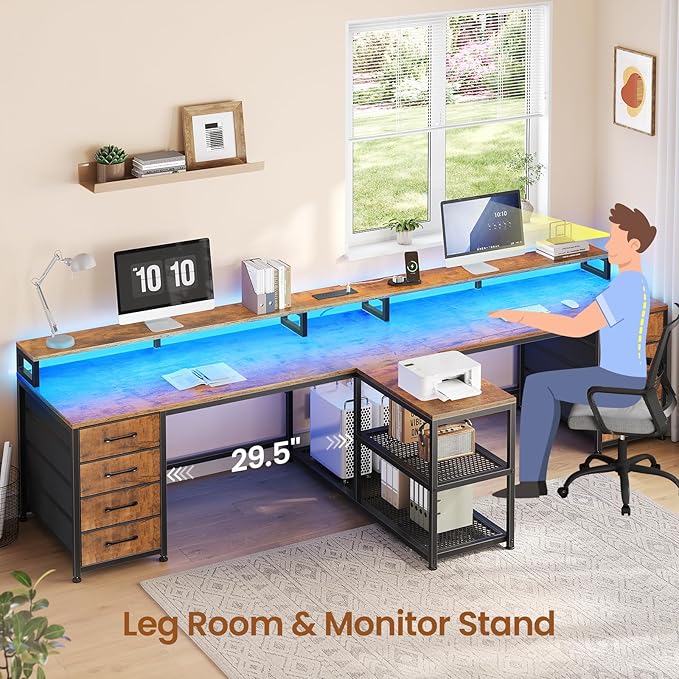 SEDETA 94.5 2 Person Gaming Desk Long Office Computer Desk with 8 Drawers &amp LED Lights Two Person Desk with Storage Power Strip &amp Monitor Stand for Home Office Rustic Brown