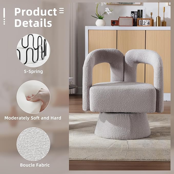 360 Degree Swivel Cuddle Barrel Accent Chairs Round Armchairs with Wide Upholstered Fluffy Fabric Chair for Living Room Bedroom Office Waiting Rooms (Light Gray Boucle) KO385