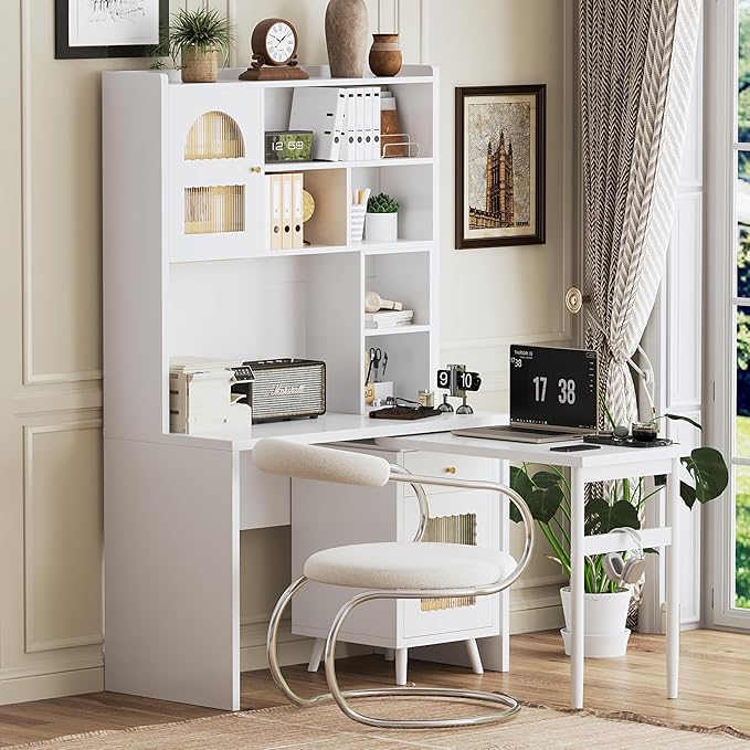 Computer Desk with 90 Degree Rotating Desktop and Bookshelf Office Desk with Drawer and Cabinets Gaming Desk with Shelves Writing Desk for Home Office Bedroom Living Room (White-5.9)
