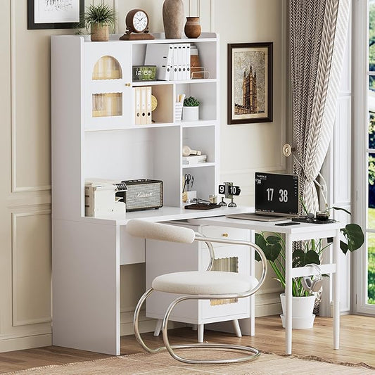 Computer Desk with 90 Degree Rotating Desktop and Bookshelf Office Desk with Drawer and Cabinets Gaming Desk with Shelves Writing Desk for Home Office Bedroom Living Room (White-5.9)