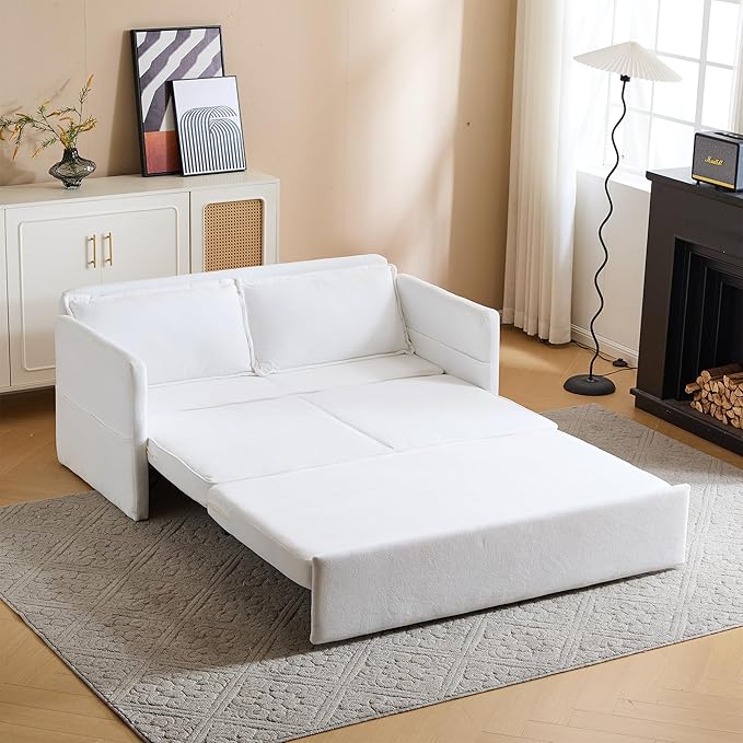 Livavege 59.45 Convertible Sofa Bed Velvet Futon Sleeper Sofa Loveseat with Pull-Out Couch Bed Foldable Tabletop USB &amp Type C Ports Recliner Sofabed for Living Room Bedroom Apartment White