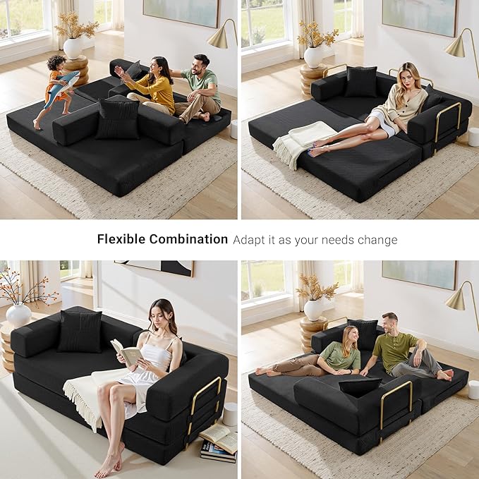 78 Convertible Sleeper Sofa Bed Corduroy Folding Sofa Bed with Fixed-Shape Frame Fold Out Floor Mattress Couch Lazy Compression Sofas for Living Room Bedroom No Assembly Required Black