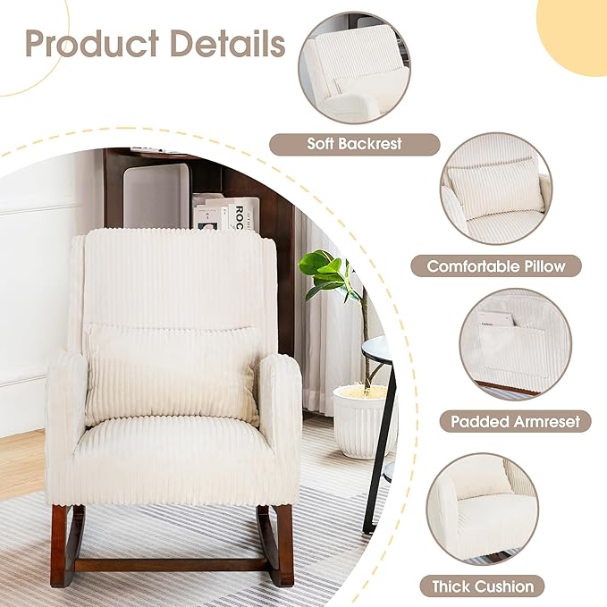 COCO DESIGN Corduroy Upholstered Rocking Chair for Nursery - Padded Seat &amp Back Sturdy Wood Rockers for Living Room Nursery Bedroom Relaxation (Beige)