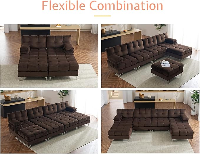 PaPaJet 124 Inch Sectional Sofa 6 Seater Modular Sectional Couch with Metal Legs U Shaped Sofa Couch for Living Room Dark Brown