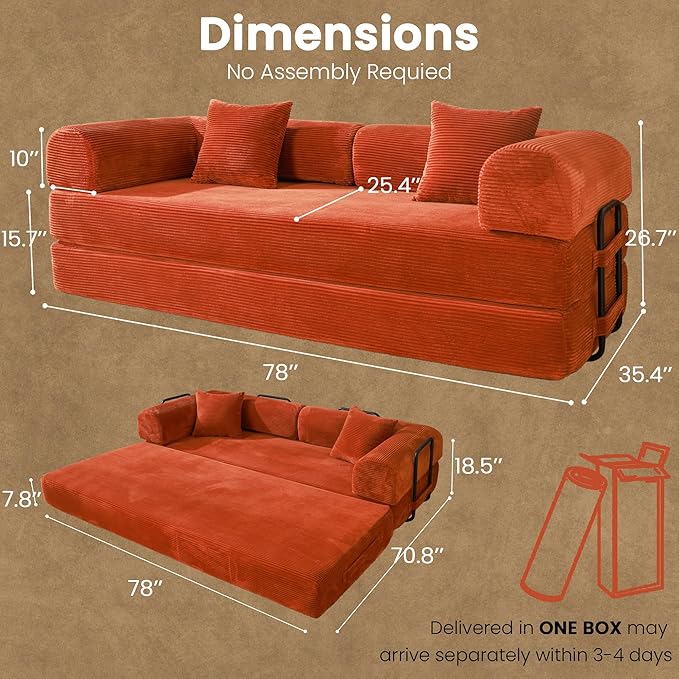 79 Convertible Sofa Bed Boneless Corduroy Sleeper Foldable Modular Couch Memory Foam Compressed Sofa in A Box Folding Mattress Floor Couch for Small Space Living Room Apartment Bedroom Orange