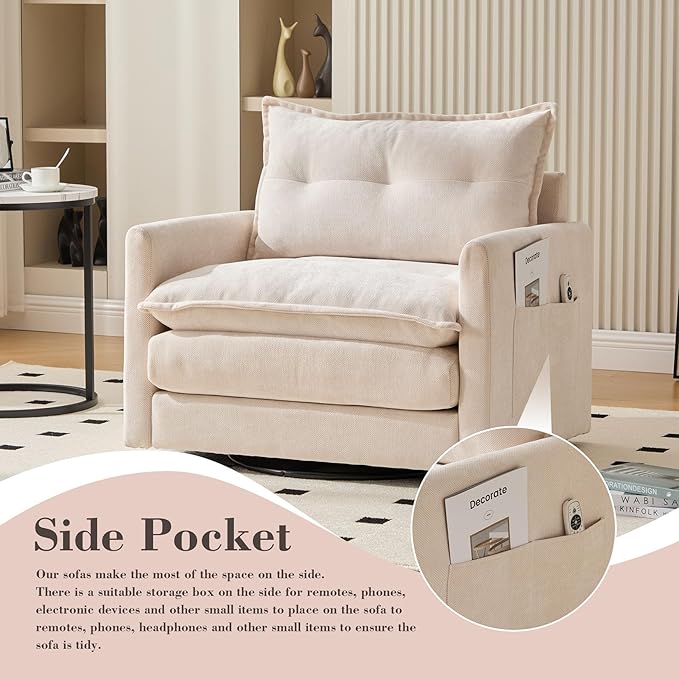 Swivel Accent Chairs for Living Room 36.2 Comfy Swivel Chair with Solid Metal Base Single Sofa with Pillows &amp Side Pockets (Beige)