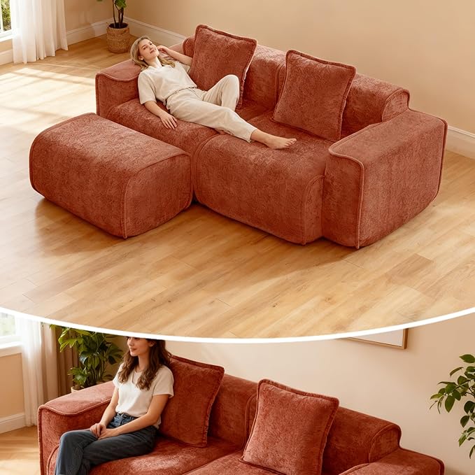 Casaphoria Red Modular Sofa 2 Seater L-Shaped Velvet Sectional with Ottoman &amp Detachable Pillows No Assembly French Piping Design 78.74 Inch Apartment Couch for Small Spaces