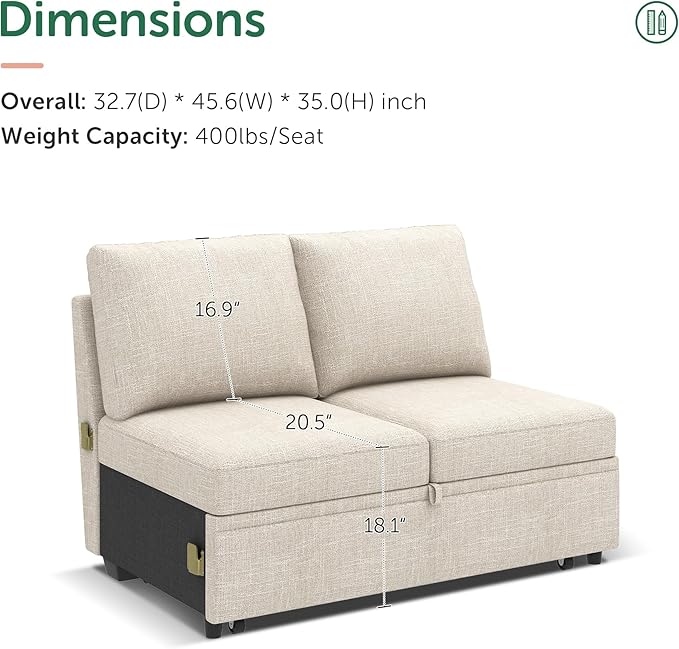 HONBAY Pull Out Bed for Modular Sectional Sleeper Sofa Armless Loveseat with Pull Out Bed for Sectional Couch Beige