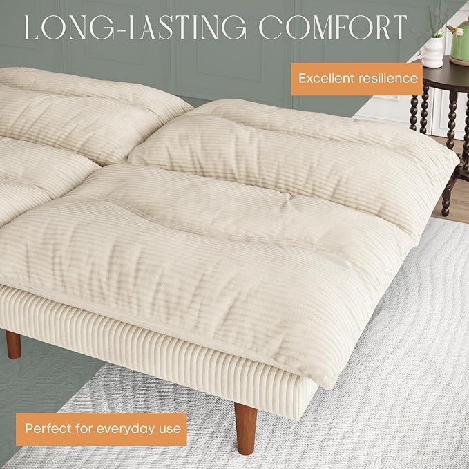 Futon Sofa Bed 69 inch Futon Couch with Adjustable Backrest Corduroy Convertible Sleeper Sofa Bed Folding Sleeper Recliner for Apartment Living Room Office Beige