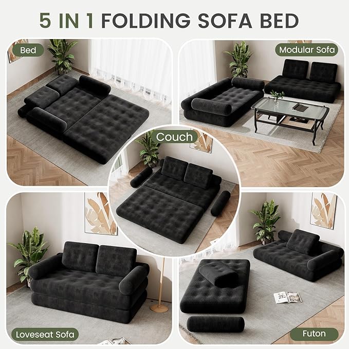 59 Convertible Sofa Bed 5-in-1 Folding Loveseat Sleeper Chair with Pillows Removable Armrests Fold Out Boneless Couch Futon Floor Mattress Lounge for Apartment Dorm Living Room - Black Full