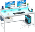 Computer Desk with Ergonomic Monitor Stand &amp CPU Stand47.2 Gaming Desk with 1 Drawer &amp Power Outlet &amp LED Lights for Home Work Bedroom Study and Gaming Small SpacesWhite