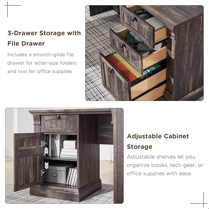 OKD 60 L Shaped Executive Desk with Drawers Farmhouse Home Office Desk with Charging Station File Cabinet Storage Wood Corner Computer Desk for Work and Study Dark Rustic Oak