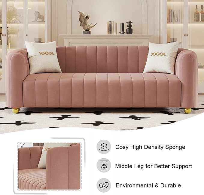 Mid-Century Modern Sofa for Living Room 84 Pink Luxury Velvet Loveseat Sofa Couch Sectional Love Seat Sofa Couch with Gold Legs Upholstered Sofa for Apartment Bedroom Home Office