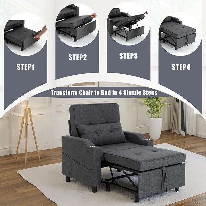 Sleeper ChairSingle Armchair Sofa with PillowAdjustable Backrest Recliner Sofa Modern Pull Out Couch Bed with USB Port Cup Holder Side Pocket for Living Room Bedroom(Dark Grey)