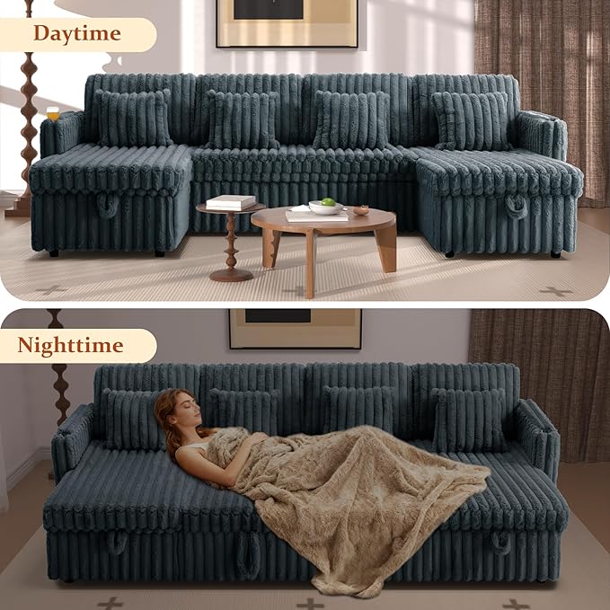 107 Sectional Sleeper Sofa with Pull Out Bed Comfy Fluffy Plush Corduroy Cloud Sectional Couches for Living Room U Shaped Modular Couch with Storage Chaise Cup Holder &amp USB Charger Dark Grey
