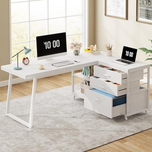 Tribesigns L-Shaped Computer Desk with 3 Drawers Reversible Corner Home Office Desk with Shelves 53-Inch Industrial PC Desk Study Writing Table Workstation for Small Space White