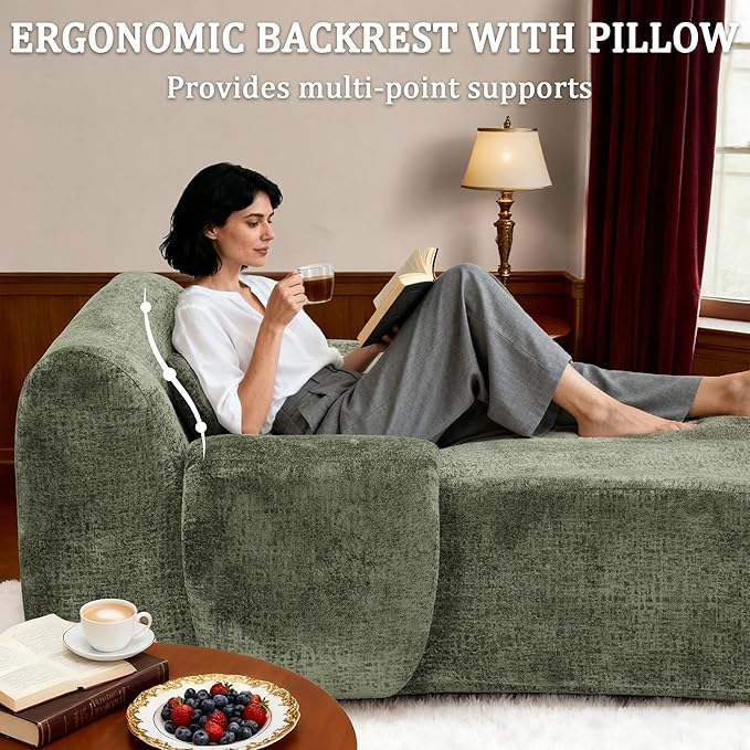 66 Inches Oversized Chaise Lounge Indoor No Assembly Required Single Sleeper Sofa Chair with Lumbar Pillow Upholstered Boneless Sofa Bed for Living Room Bedroom