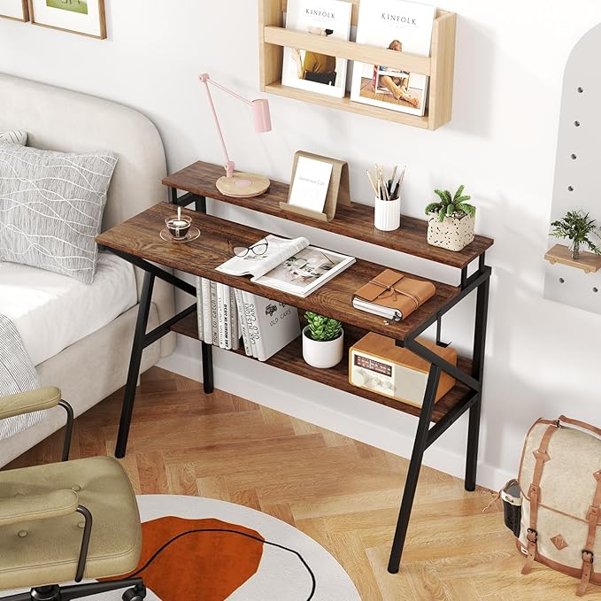 Giantex Small Desk with Storage Compact Computer Desk for Small Spaces with Monitor Stand Metal Frame &amp Earphone Hook Laptop PC Table Modern Writing Desk for Home Office Bedroom (Rustic Brown