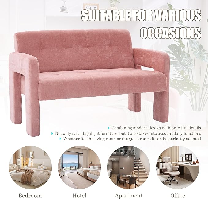 47'' Modern Loveseat Comfortable Small Couch for Two with Chenille Fabric Minimalist Accent Chair for Bedroom Office Entryway Dorm (Pink)