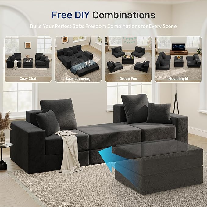 Cloud Modular Sectional Sofa Comfy Boneless Couch for Living Room Modern L-Shaped Couch with Reversible Chaise Customizable Sleeper Sofa with Non Slip No Assembly &amp Deep Seat Black
