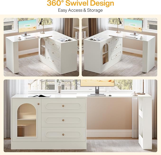 Tribesigns 78 L Shaped Desk with Storage Modern Corner Desk with 3 Drawers for Small Space Reversible L Shape Desk with Cabinet &amp Adjustable Shelves for Home Office Bedroom (White)