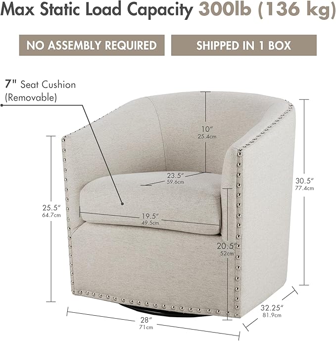 Madison Park Swivel Barrel Accent Chair Upholstered Curved Back with 7-Inch Thick Woven Cushion 360° Swivel Nailhead Trim Comfy Chair for Living Room Bedroom Office 28 Wide Neutral Tyler