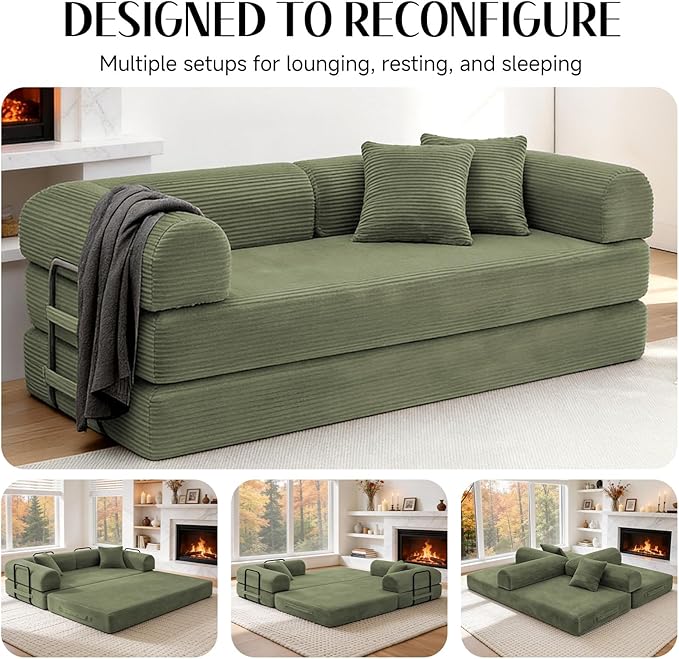 79 Corduroy Sofa Bed Boneless Couch in a Box with 2 Pillows High-Density Foam 4-in-1 Foldable Sleeper Futon Loveseat for Small Spaces No Assembly Side Pockets Green